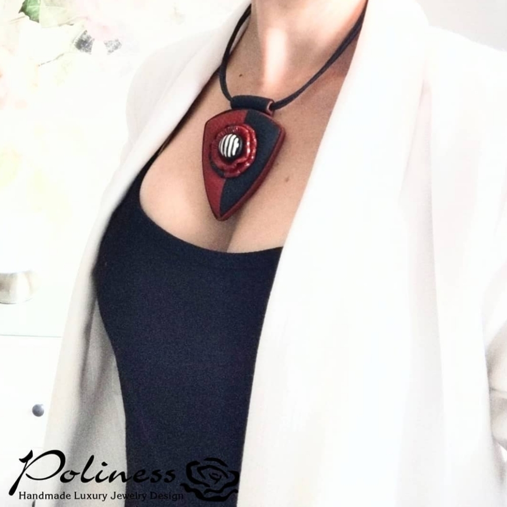 Red black necklace pendant handmade